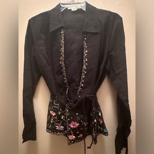 I.C.E. Brand wrap around linen jacket/cover with floral embroidery sequins sz 8